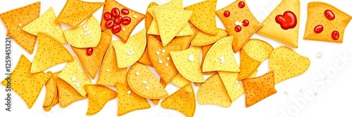 Outline collection of various types of chips over a white background in vector format, collection, assortment, salty photo