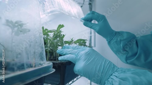 Scientist hands open cultivating container for plants quality check, growing small plant inside indoor humidity control room, biotechnology laboratory project, cannabis sprouting process, lab research