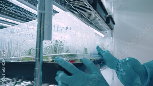Close up Scientist open cultivating container for plants quality check, growing small plant inside indoor humidity control room, science laboratory work research, cannabis sprouting process, lab data