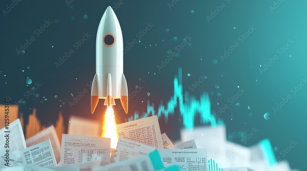 Fototapeta premium impact effect economic services&nbsp;concept. Rocket launching above papers with an upward trend in the background.