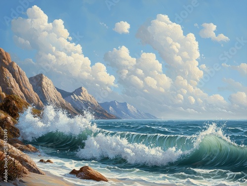 A serene coastal landscape featuring rolling waves, rocky hills, and fluffy clouds under a bright blue sky.