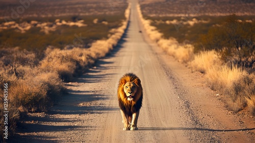 Lion walks down a dirt road in the desert