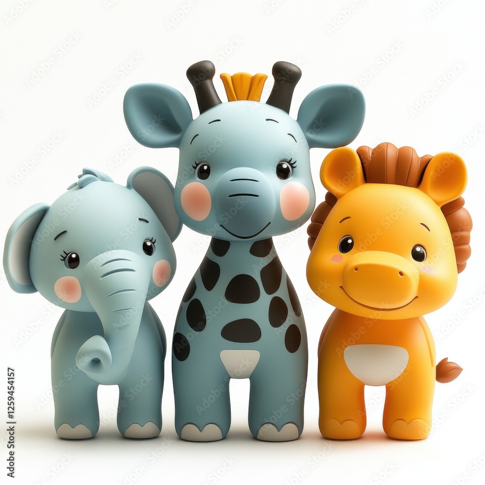 Naklejka premium Adorable Baby Animals Figurines: Elephant, Giraffe, and Lion Cub