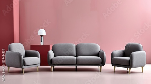 Japandi Living  Grey Sofa and Armchairs Against Pink and Crimson Wall in Minimalist Modern Interior Design