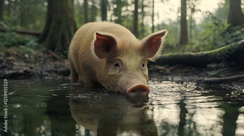 Pig View of a drinking water from a lake
