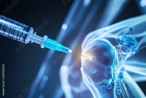 A close-up of high-tech syringe injecting stem cells into knee joint for regeneration