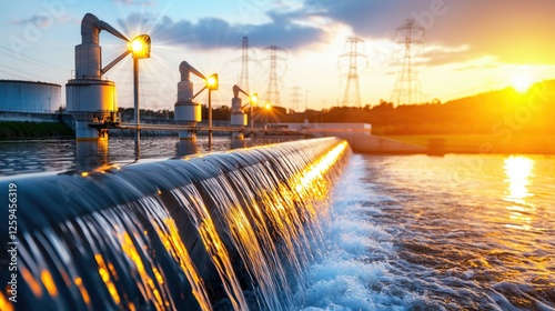 Water flowing over a dam with bright sunset sky and power lines in the background, capturing the serene beauty of renewable energy and nature