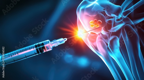 A close-up of high-tech syringe injecting stem cells into knee joint for regeneration