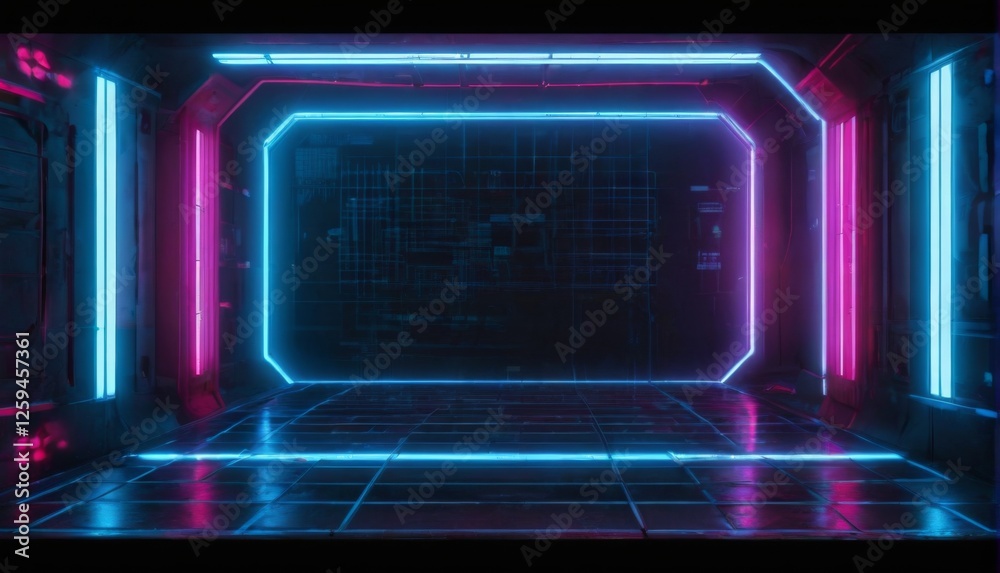 Futuristic empty room with grid pattern, metal walls, neon lights, and control panels in blue, pink, and red color scheme. Futuristic empty room with grid pattern, metal walls, neon lights, and control panels in blue, pink, and red color scheme.