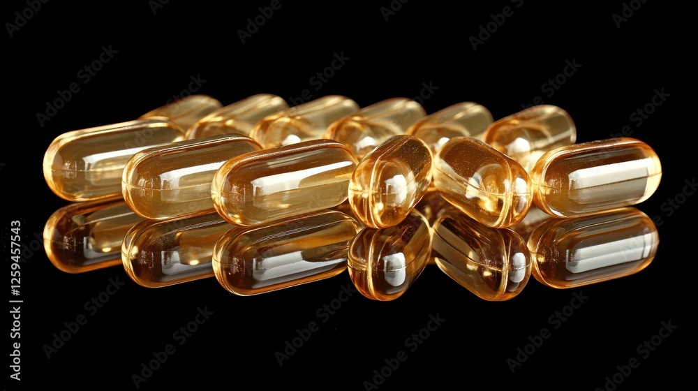 Fototapeta premium A close-up of golden Omega-3 soft gel capsules on a reflective surface