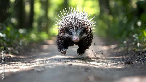 Porcupine with a white spot on its face running down a dirt road