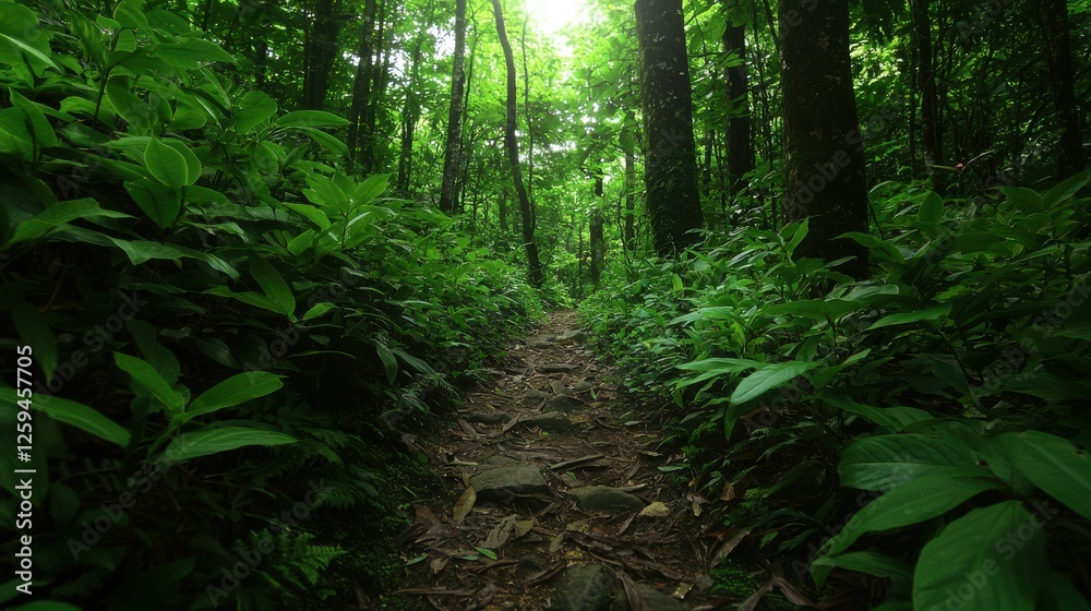 Obraz premium A narrow path winds through a dense, green forest, illuminated by soft sunlight filtering through the lush foliage.