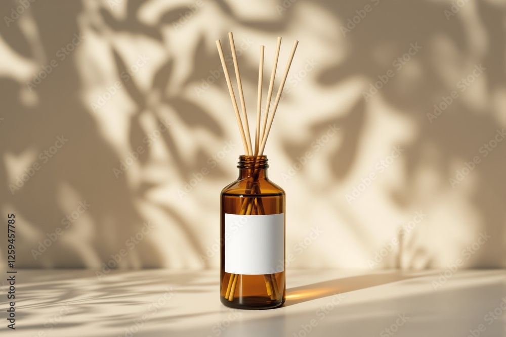 Fototapeta premium Brown glass aromatherapy diffuser bottle with reeds, blank label for branding, placed on a surface with soft shadows on a light neutral background. Ai generative