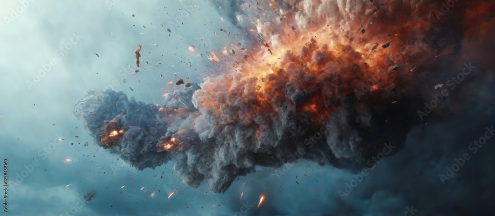 Obraz premium Dynamic Explosion with Colorful Smoke and Debris in the Sky Cinematic Digital Art
