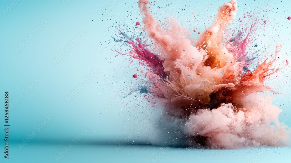 Pink and blue powder explosion on soft blue watercolor background high fidelity image Pink and blue powder explosion on soft blue watercolor background high fidelity image