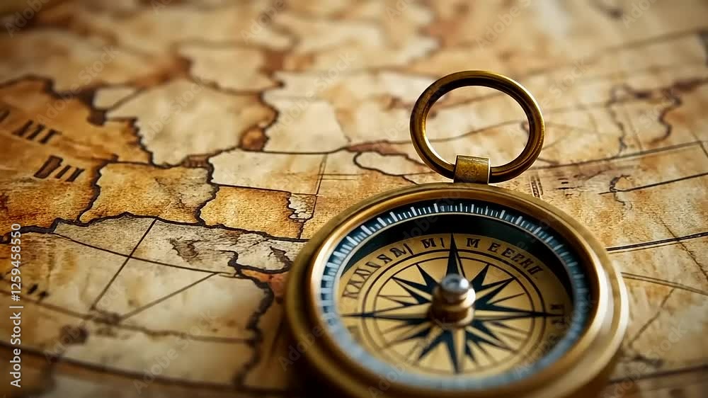 Antique compass resting on an aged world map, signifying exploration and adventure. Antique compass resting on an aged world map, signifying exploration and adventure.