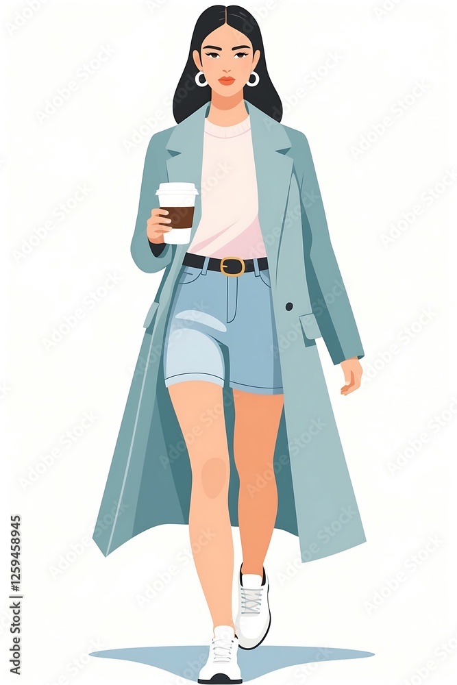Flat Design Character An elegant businesswoman wearing a stylish outfit, poised for a successful day at work or a meeting.