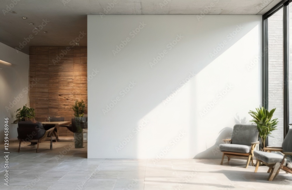 Fototapeta premium Modern Office Space with Large Window, LightColored Tiles, White Walls, Armchairs, and Potted Plants Creating Bright, Airy Atmosphere