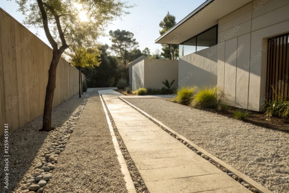 Stunning Gravel Pathway Architecture: Sun-Drenched Stone & Shadow Play Stunning Gravel Pathway Architecture: Sun-Drenched Stone & Shadow Play