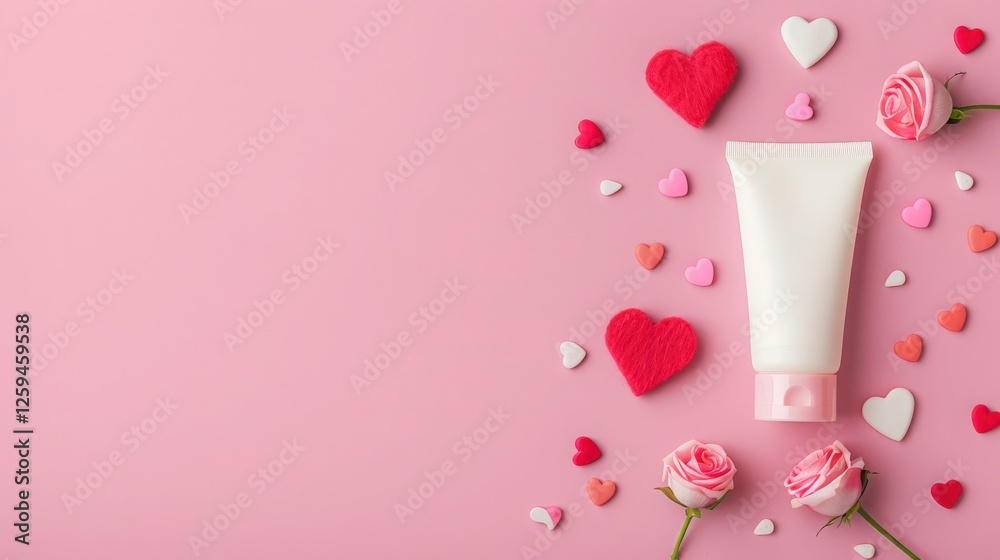 Romantic skincare: A tube of cream surrounded by hearts and roses on a soft pink background. Perfect for Valentine's Day. Romantic skincare: A tube of cream surrounded by hearts and roses on a soft pink background. Perfect for Valentine's Day.