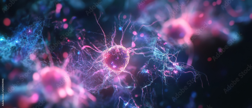 Fototapeta premium A microscopic view of neural stem cells forming glowing synaptic connections