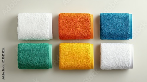 Colorful stacked towels in white, orange, teal, yellow, and green on a soft background.