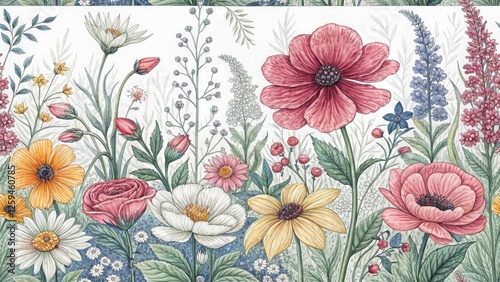 Wallpaper Mural Whimsical Flower Garden Pencil Sketch Portrait, Botanical Illustration, Fantasy Floral Portrait Photography Torontodigital.ca