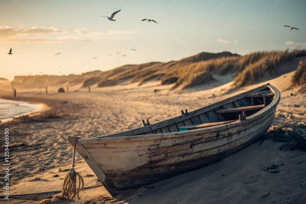 Fototapeta Sun-Drenched Coastal Skiff: Vintage Seaside Photography