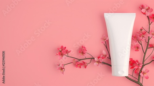White tube of skincare product on a pink background, adorned with delicate pink blossoms. A serene and minimalist aesthetic.