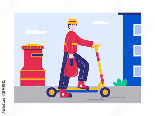 Boy riding scooter illustration. Modern urban life illustration. Flat vector illustration concept.