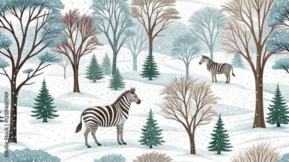 Zebra Bark Tree, Snowy Landscape Photography, Winter Wonderland, Cold Nature Scene Zebra Bark Tree, Snowy Landscape Photography, Winter Wonderland, Cold Nature Scene