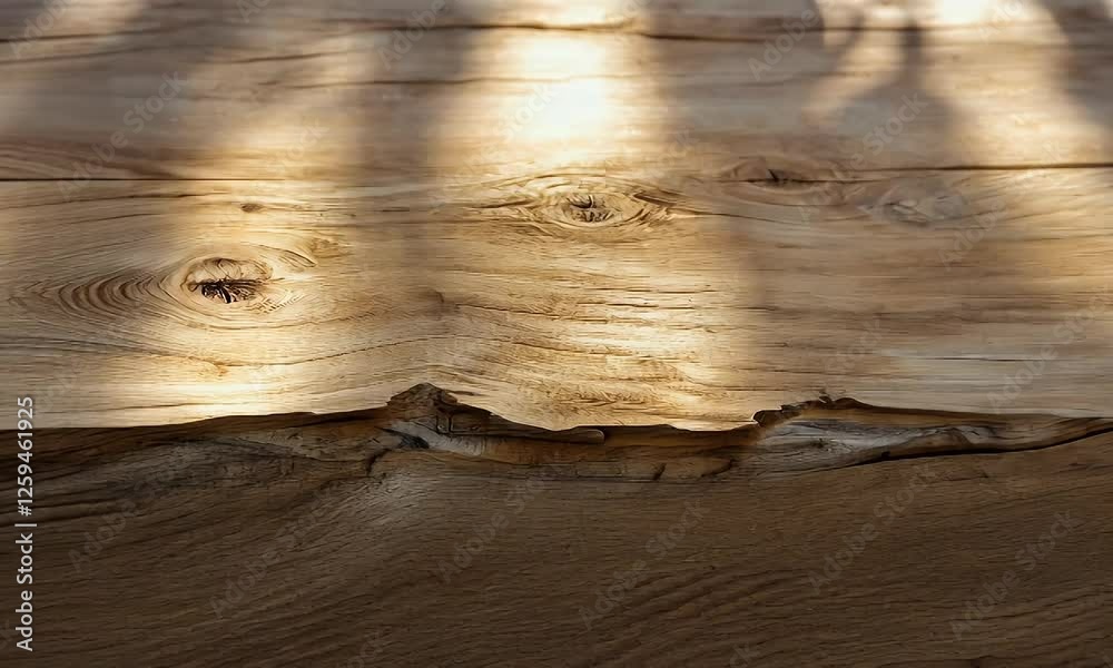 Sunlit rustic wood table texture, shadows, interior