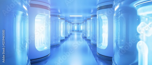 A futuristic cryogenic storage facility with frozen stem cell vials in nitrogen chambers photo