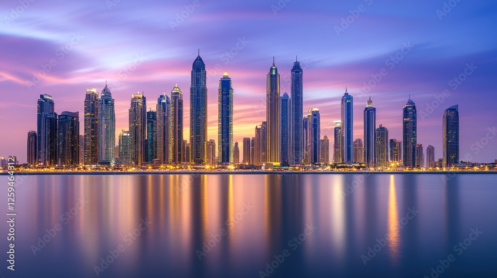 Sunset over Dubai skyline with illuminated skyscrapers reflecting Sunset over Dubai skyline with illuminated skyscrapers reflecting