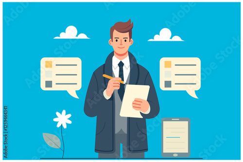 Gathering client requirements. Businessman documenting customer needs and expectations, ensuring project success. Requirements gathering, stakeholder management, and project planning concept.