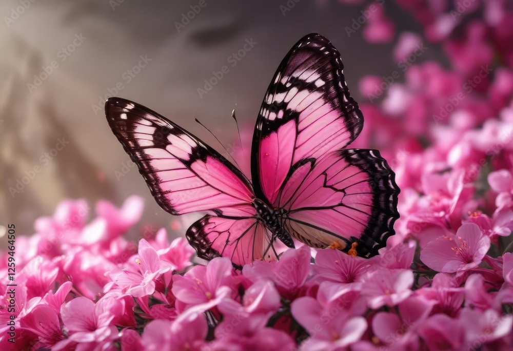 Naklejka premium Delicate butterfly rests on a vibrant pink flower petals, insect, beauty, relaxation