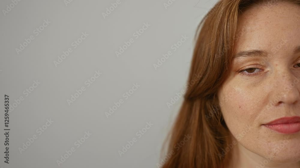 Woman with red hair against a white background exudes natural beauty in a serene, isolated setting, highlighting her attractive features and caucasian ethnicity. Woman with red hair against a white background exudes natural beauty in a serene, isolated setting, highlighting her attractive features and caucasian ethnicity.