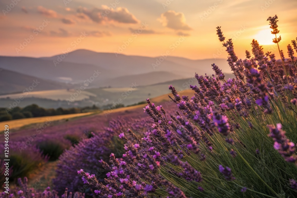 Obraz premium Miniature World: Enchanting Sunset Over a Vibrant Lavender Field, Tilt-Shift Photography