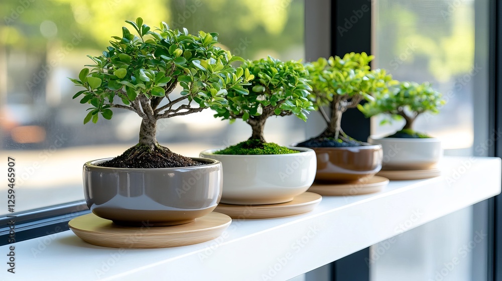 Bonsai trees displayed on a bright windowsill. Bonsai trees displayed on a bright windowsill.
