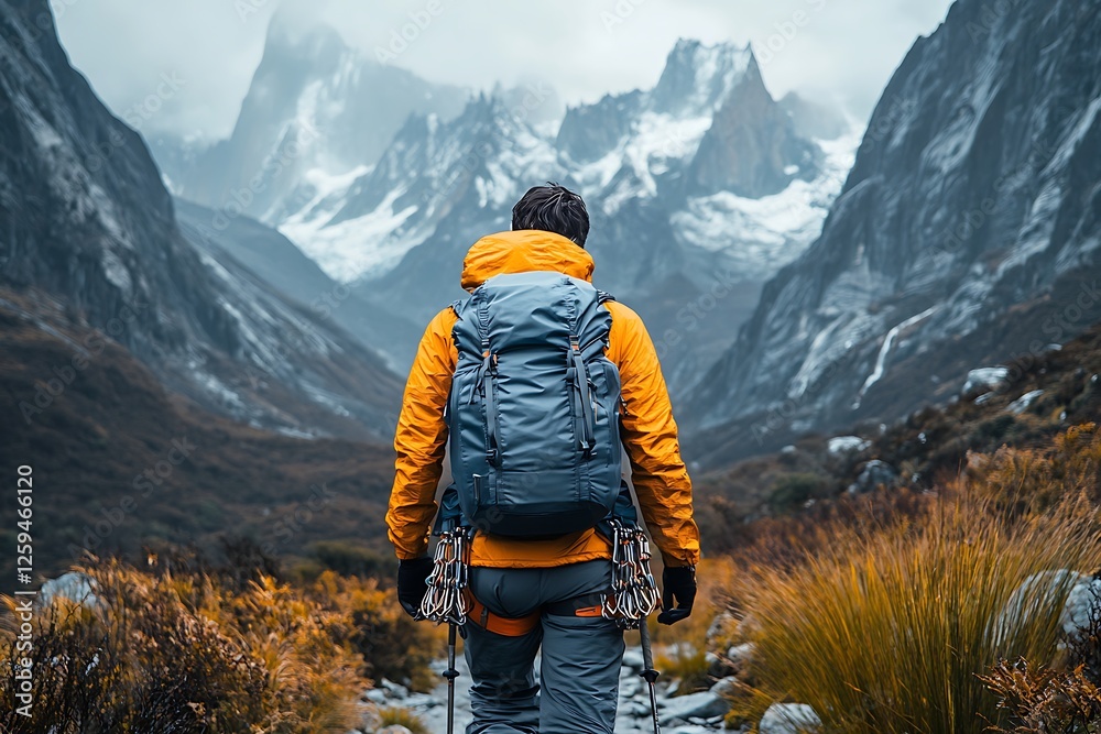 Solo Adventurer Trekking Through Rugged Mountains with Backpacks Solo Adventurer Trekking Through Rugged Mountains with Backpacks