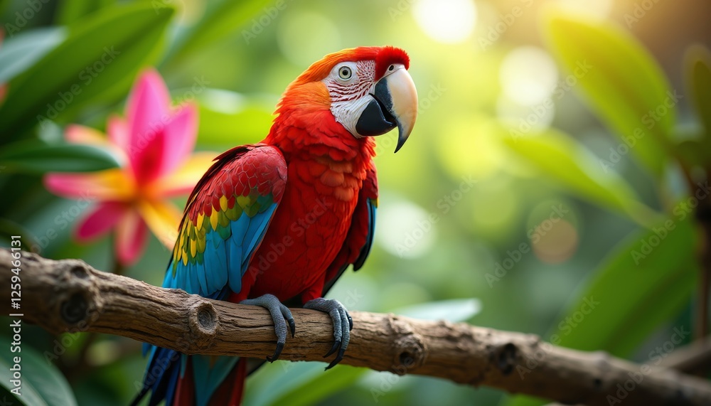 Scarlet Macaw Perching Amidst Lush Tropical Foliage with Pink Flowers Scarlet Macaw Perching Amidst Lush Tropical Foliage with Pink Flowers
