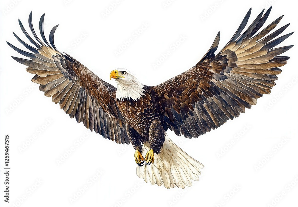 Obraz premium Watercolor bald eagle in flight, vector illustration isolated on a white background, detailed concept art, high-resolution photography, hyper-realistic, stock photo,