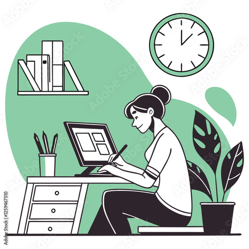 Online service freelancing working girl in the desk illustration vector design