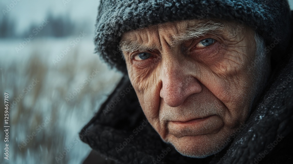 Frost Covered Senior Man Portrait in Winter Landscape Frost Covered Senior Man Portrait in Winter Landscape