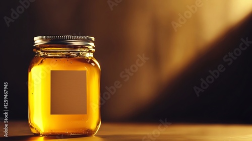 Organic honey in glass jar with warm light. photo