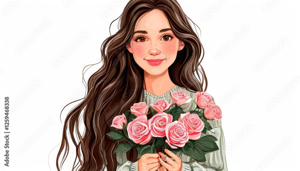 Digitally painted portrait of young woman, long brown hair cascading, grasping vibrant pink rose bouquet, expressing tender emotion and heartfelt appreciation Digitally painted portrait of young woman, long brown hair cascading, grasping vibrant pink rose bouquet, expressing tender emotion and heartfelt appreciation