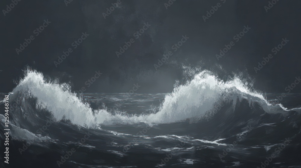 Dark Stormy Ocean Waves with Dramatic Sky Background