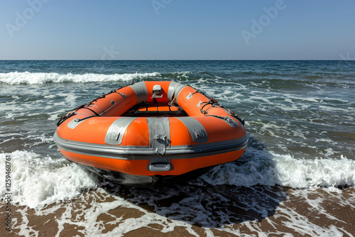 Orange lifeboat joyfully patrolling coast during marine adventure