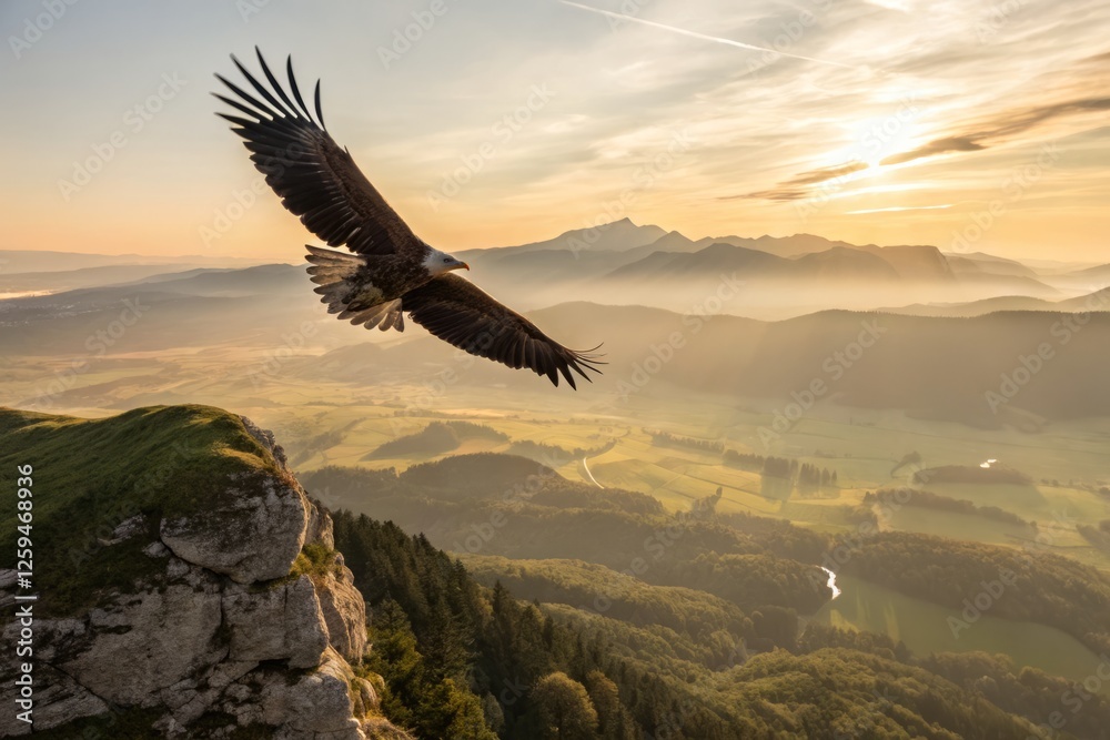 Fototapeta premium Majestic Eagle Soaring Above Verdant Valley: Breathtaking Aerial Vista of Yahooing Flight