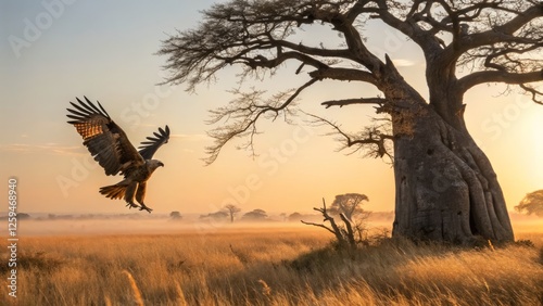 Majestic Eagle Soaring Above Savannah: Zoo Keeper's Sunrise